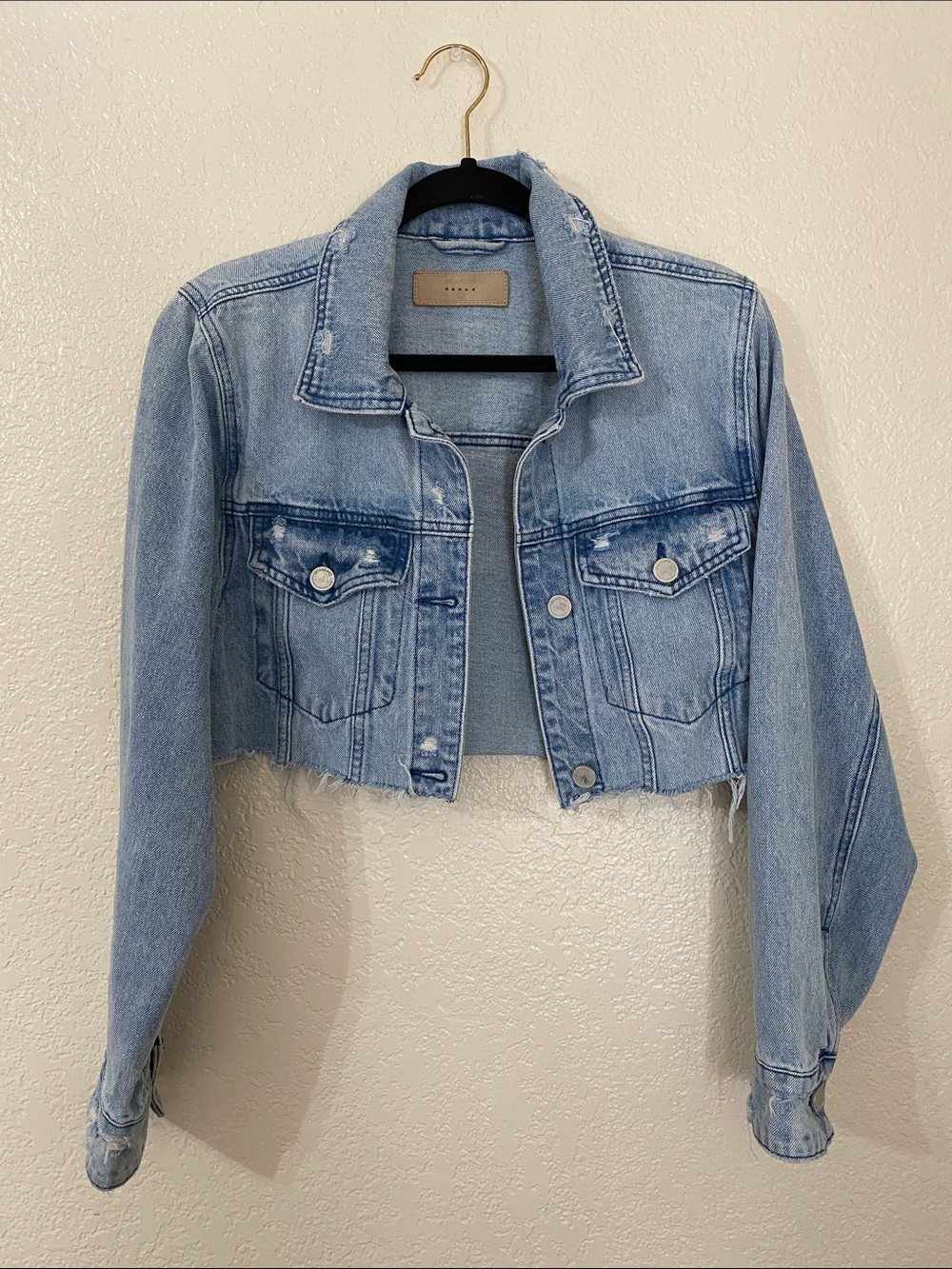 Blank NYC Light Blue Denim Jacket with Tan Leather Patch